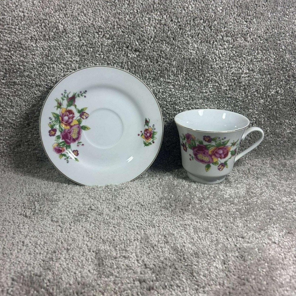 Tea Cup Saucer Set White Pink Floral Rose Gold Rim Porcelain Vintage